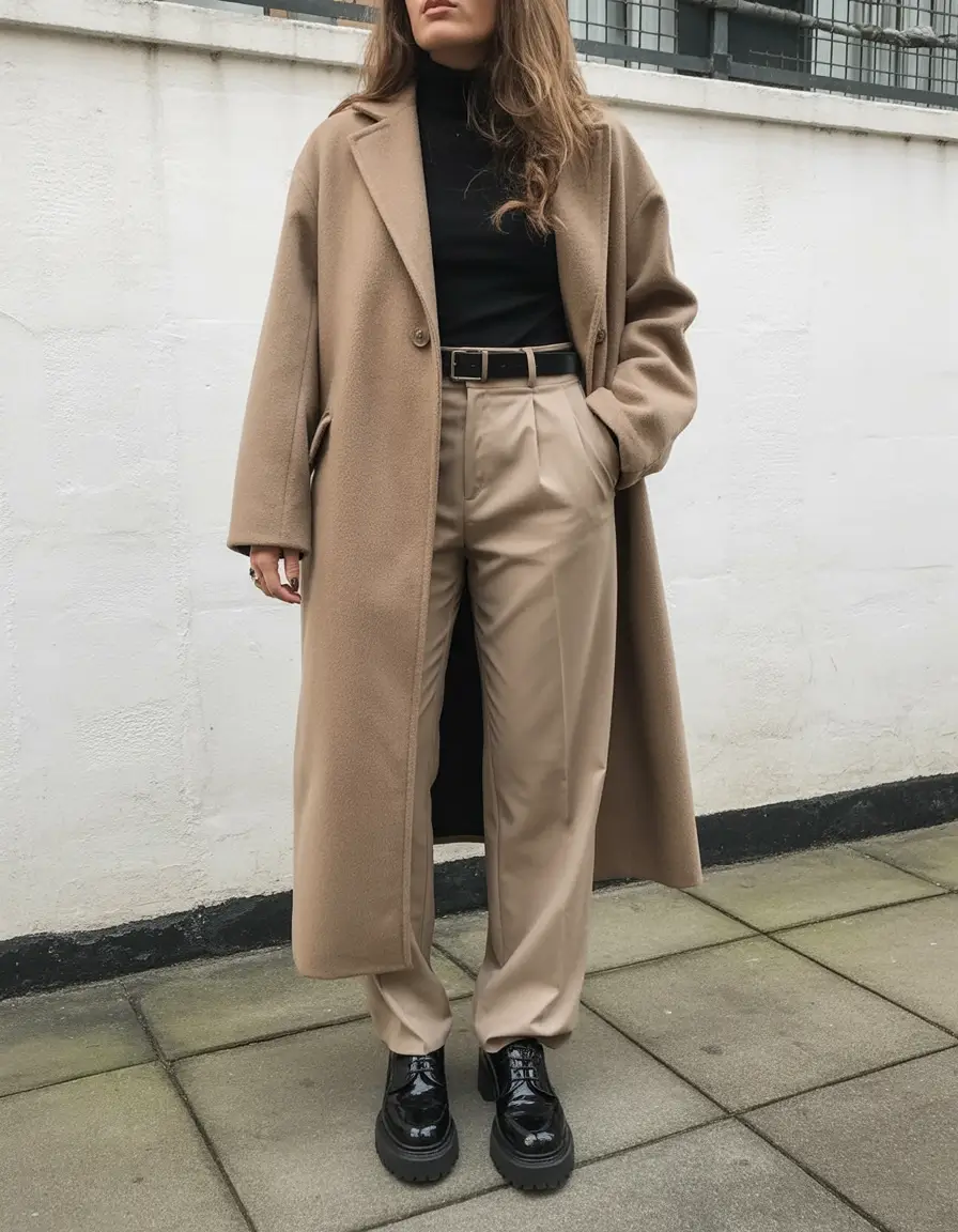 essential spring business casual outfits 2026 Classic Camel and Black with Strong Spring Structure