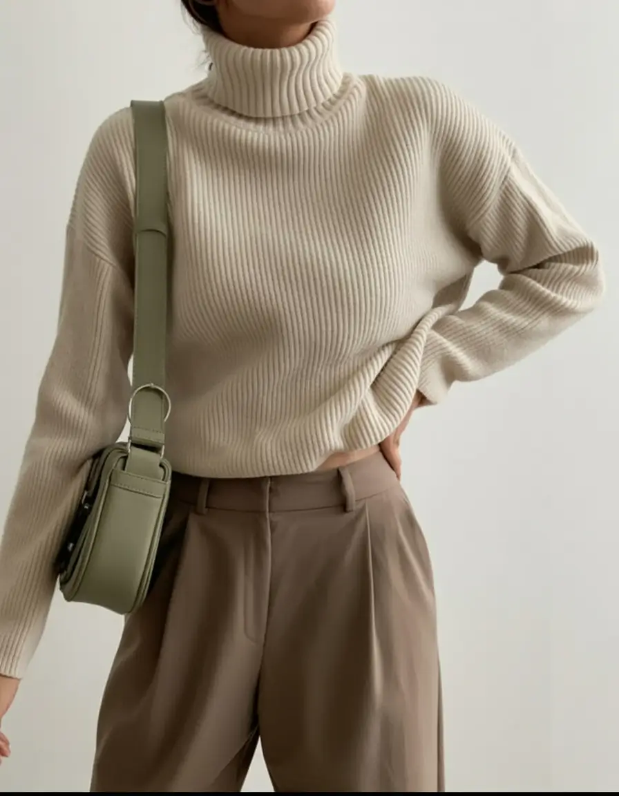 essential spring business casual outfits 2026 Soft Turtleneck Minimalism with Earthy Calm