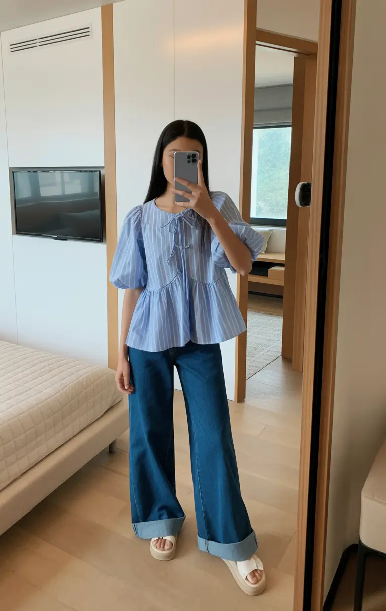 essential spring capsule wardrobe 2026 Relaxed Denim With a Playful Spring Blouse