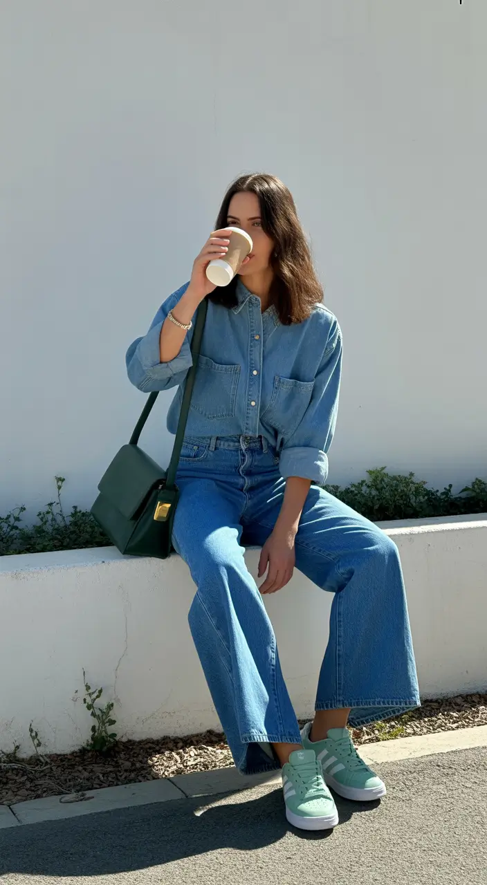 essential spring capsule wardrobe 2026 Relaxed Denim With Soft Green Accents