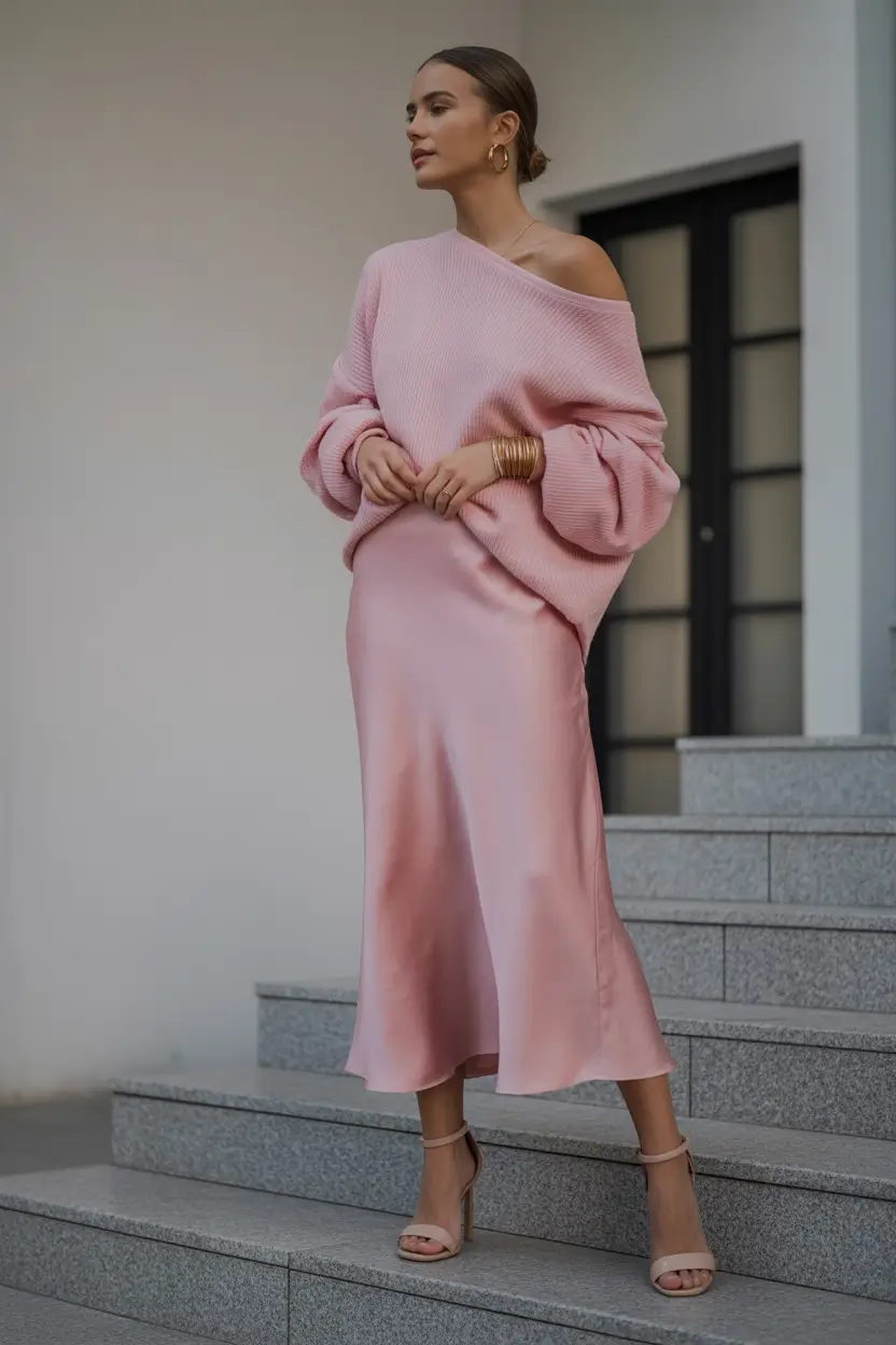essential spring going out outfits 2026 The Soft Pink Knit And Satin Look That Feels Dreamy For Spring Evenings