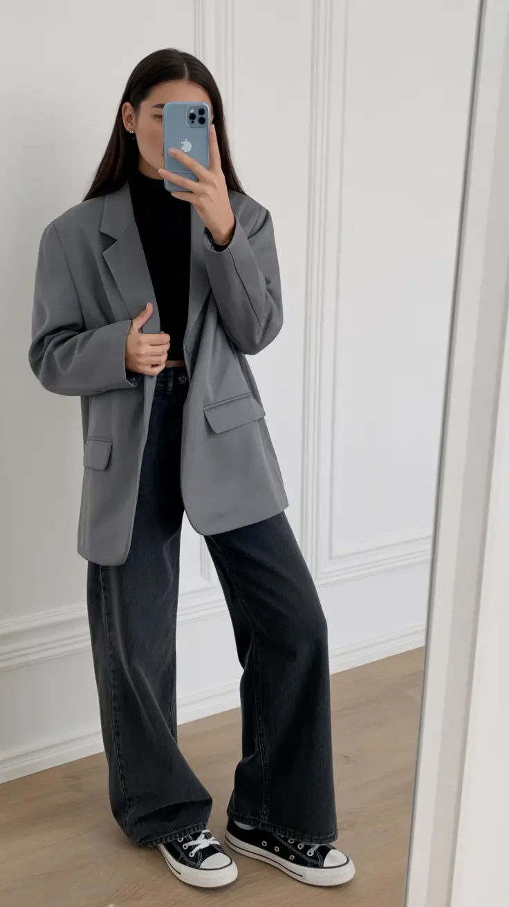 Essential spring office outfits 2026 Grey Blazer and Black Denim Ease