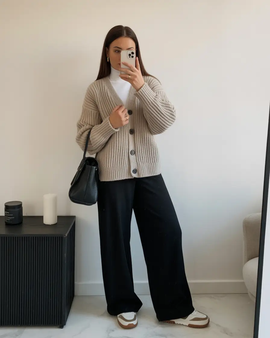 Essential spring office outfits 2026 Cozy Cardigan Layers with Wide Black Trousers