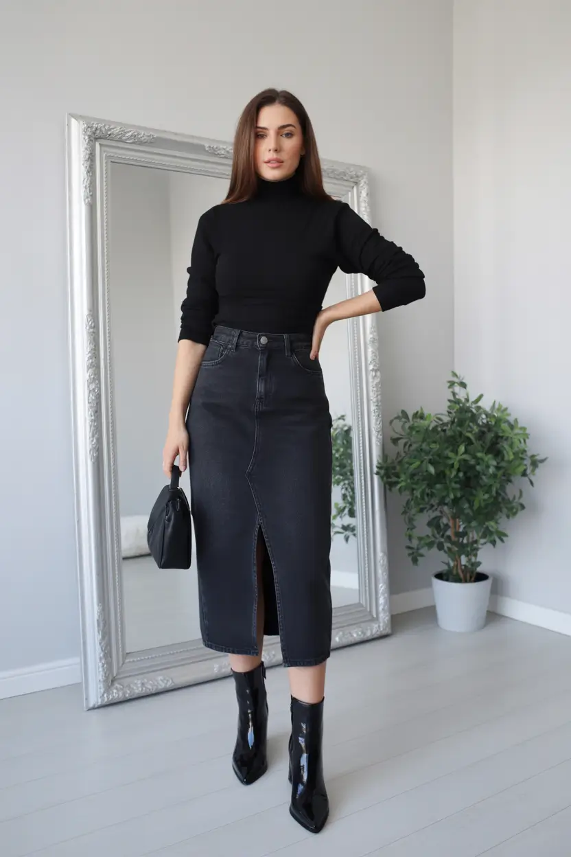 Essential spring office outfits 2026 Chic Black Midi Skirt with Sleek Boots