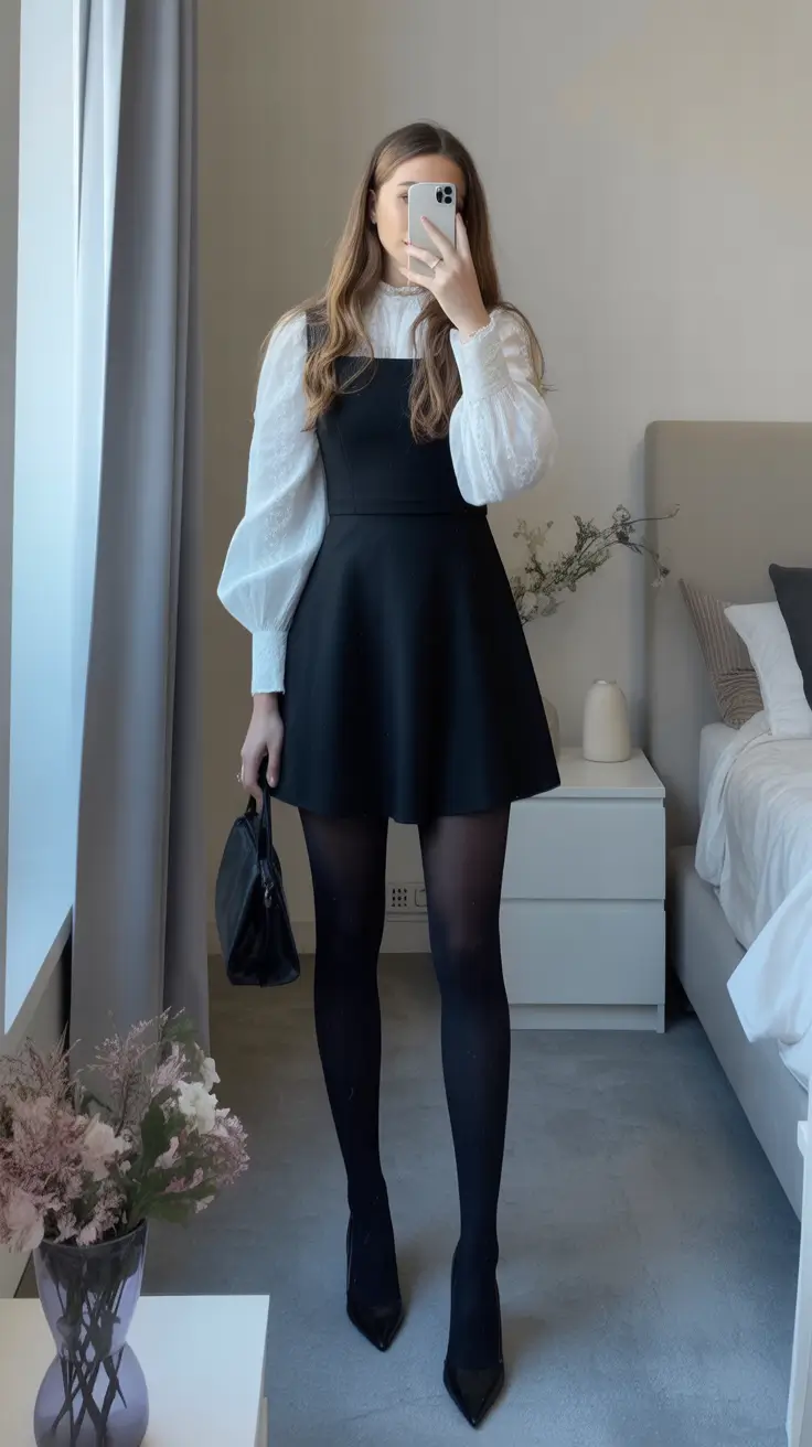 Essential spring office outfits 2026 Monochrome Black Dress and White Blouse Charm