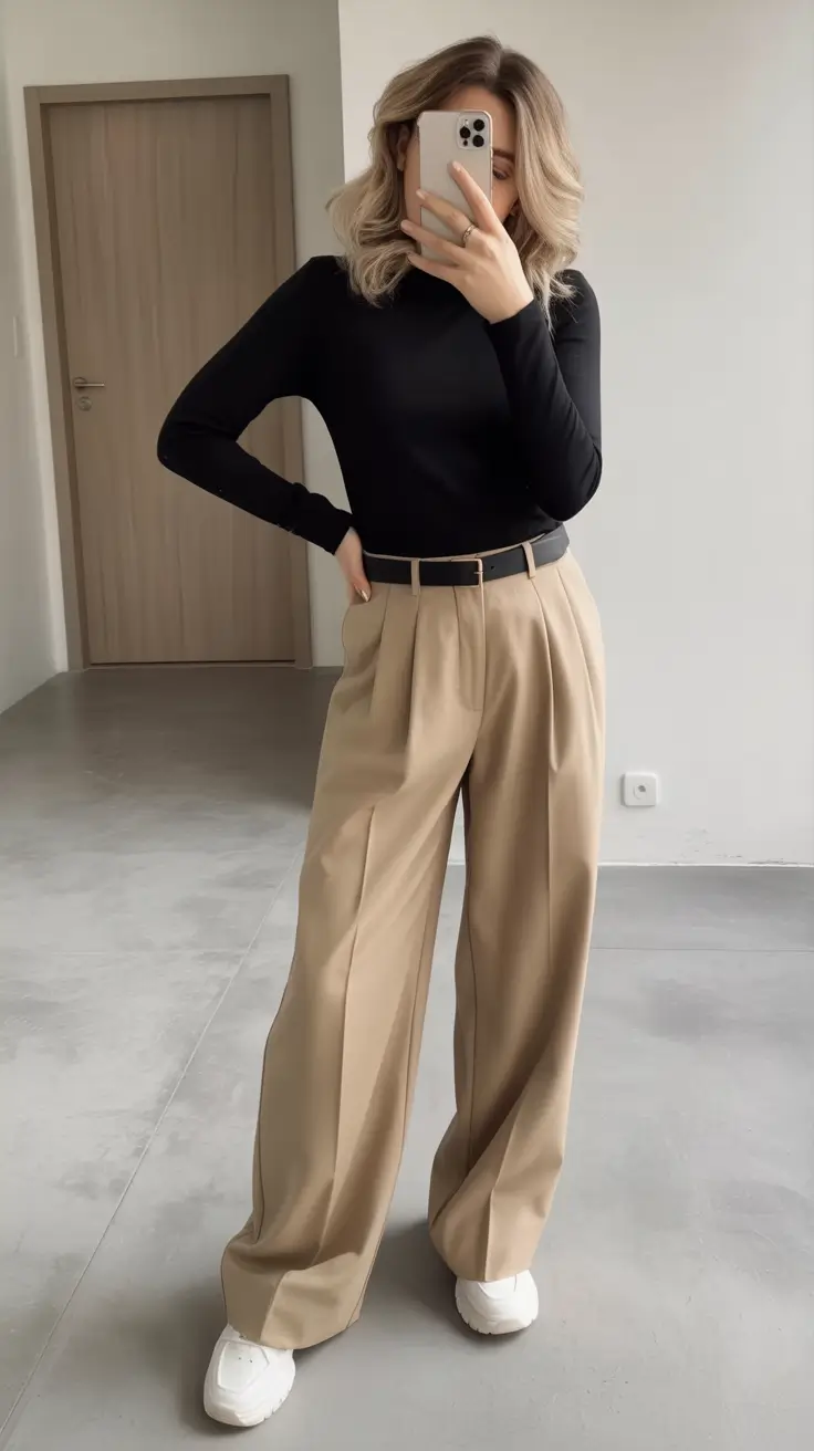 Essential spring office outfits 2026 Soft Camel Trousers with a Sleek Black Top
