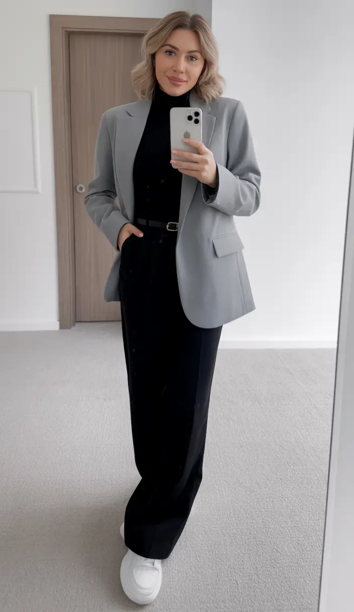 Essential spring office outfits 2026 Grey Blazer Simplicity with a Black Monochrome Base