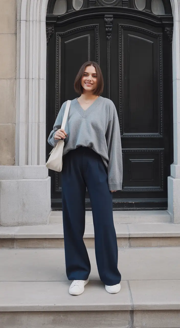 Essential spring office outfits 2026 Relaxed Knit and Navy Trousers for Modern Offices