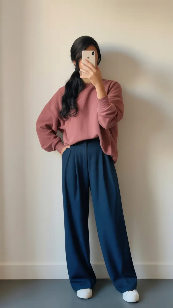 Essential spring office outfits 2026 Soft Rose Sweatshirt with Structured Navy Pants
