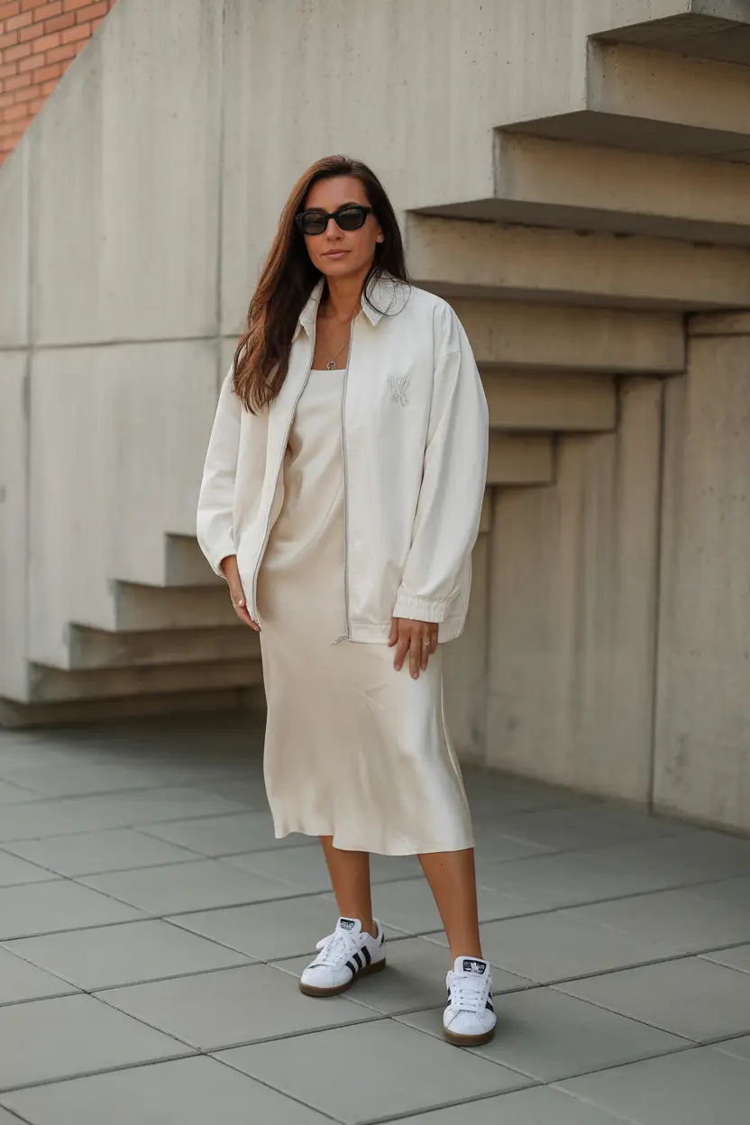 essential spring outfits for women over 30 2026 Sporty Elegance in Soft Satin Layers