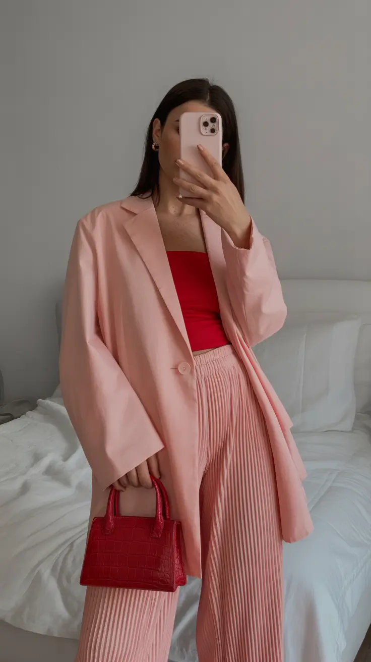 essential spring outfits for women over 30 2026 Soft Pink Layers with a Bold Touch of Red