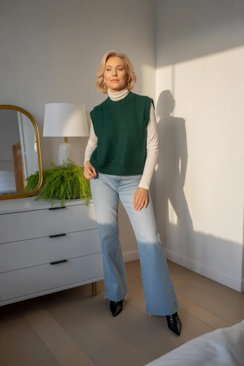 essential spring outfits for women over 40 2026 Fresh Green Layers with Light Denim