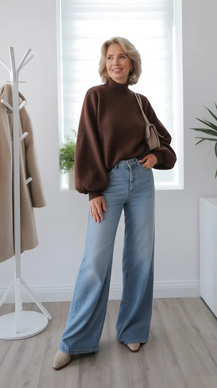 essential spring outfits for women over 40 2026 Soft Volume with Wide Denim for a Gentle Spring Look