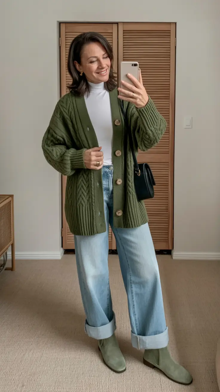 essential spring outfits for women over 40 2026 Layered Greens with Relaxed Denim