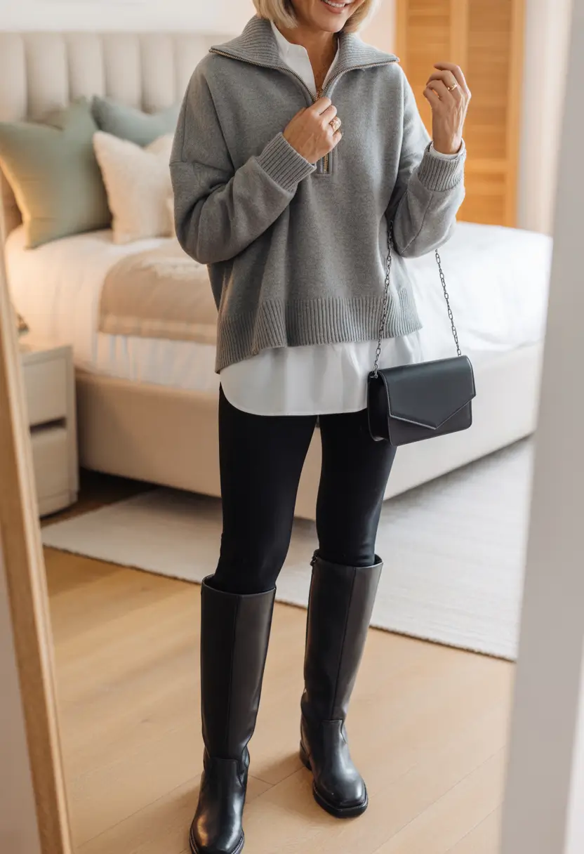 essential spring outfits for women over 40 2026 Grey Layers with Sleek Black Foundations