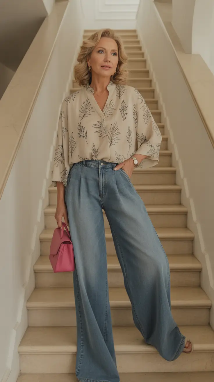 essential spring outfits for women over 40 2026 Soft Botanical Prints with Light Wide Denim