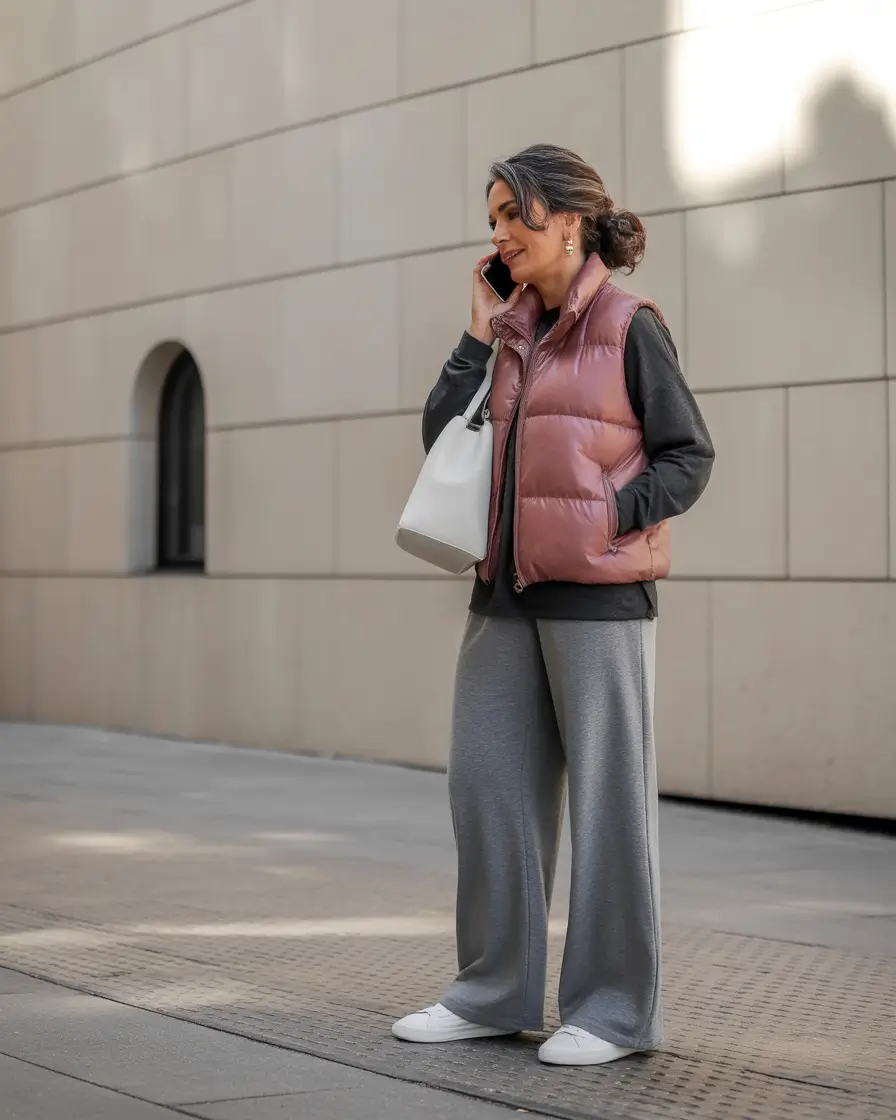 essential spring outfits for women over 40 2026 Sporty Softness with a Warm Spring Vest