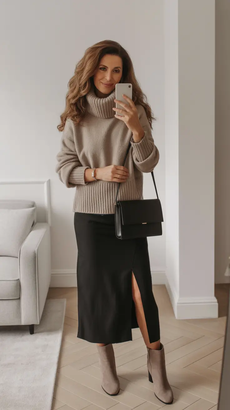 essential spring outfits for women over 40 2026 Warm Neutrals with a Sleek Midi Skirt