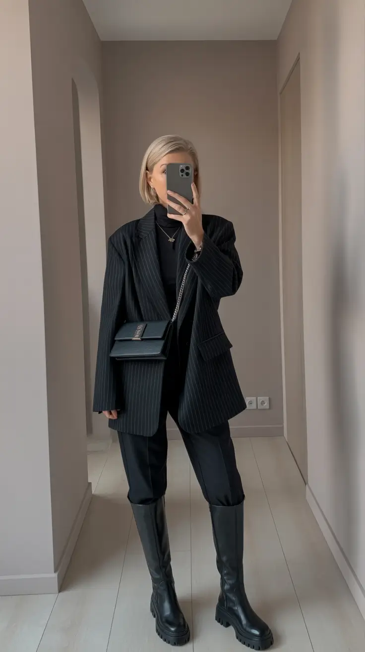 essential spring outfits for women over 40 2026 Monochrome Black with a Menswear Twist