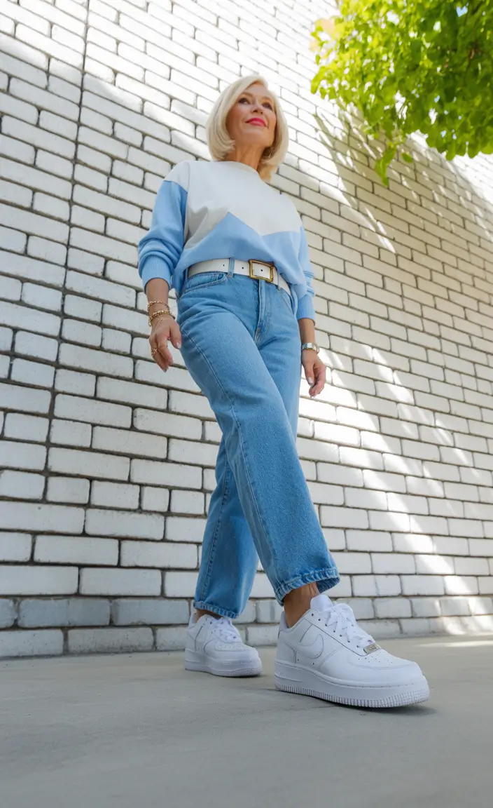 essential spring outfits for women over 40 2026 Soft Blue Tones with Clean White Accents