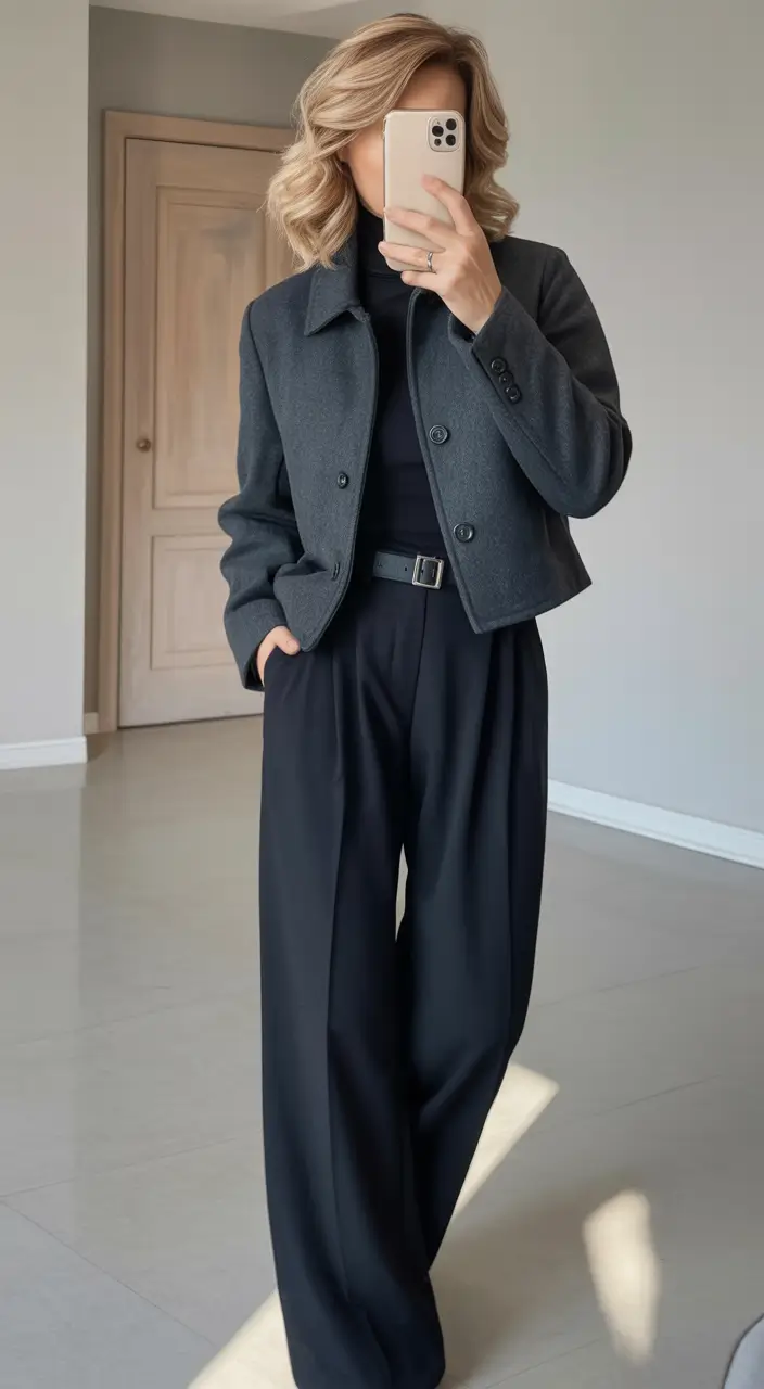 essential spring outfits for women over 40 2026 Minimalist Charcoal Layers with Modern Structure