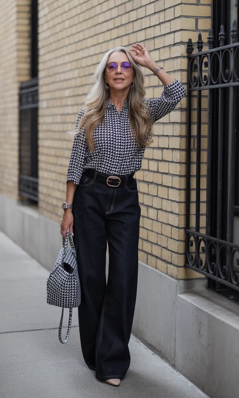 essential spring outfits for women over 40 2026 Timeless Monochrome Patterns with Dark Denim