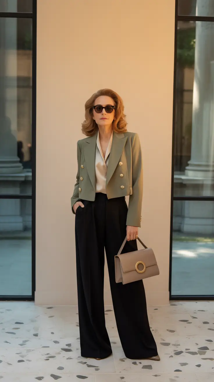 essential spring outfits for women over 40 2026 Elegant Cropped Blazer with Flowing Trousers