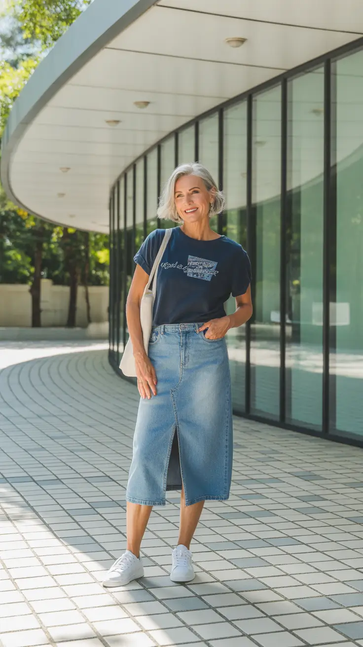 essential spring outfits for women over 50 2026 Denim Skirts with Fresh Graphic Ease