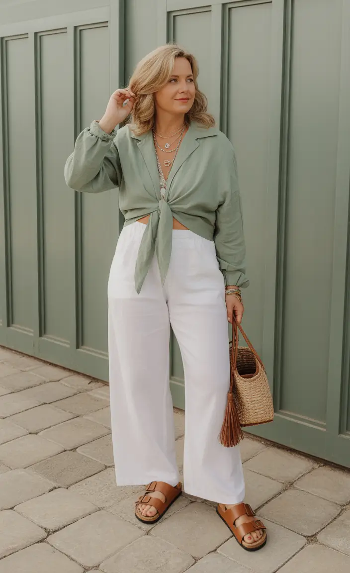 essential spring outfits for women over 50 2026 Soft Greens with Relaxed Coastal Warmth