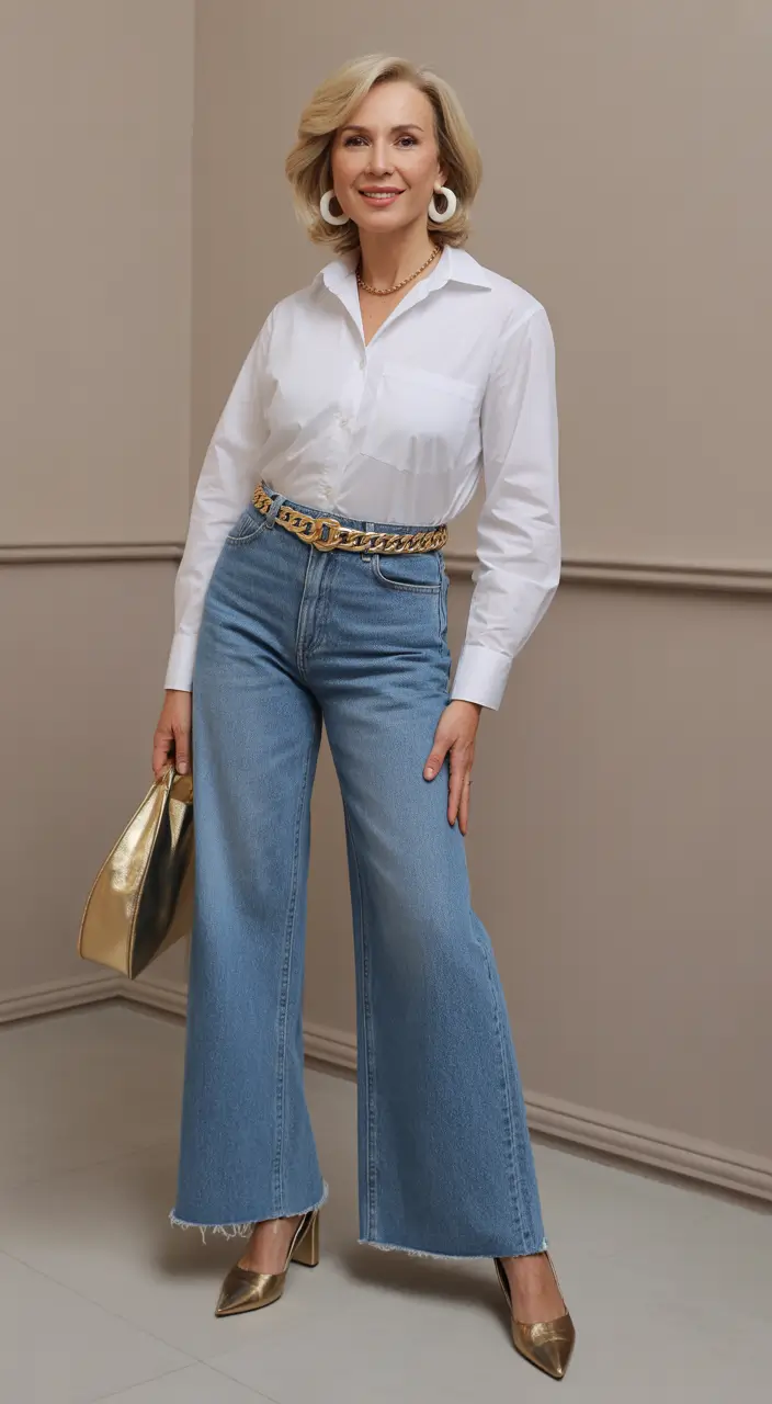 essential spring outfits for women over 50 2026 Gold Accents with Refined Evening-Ready Denim