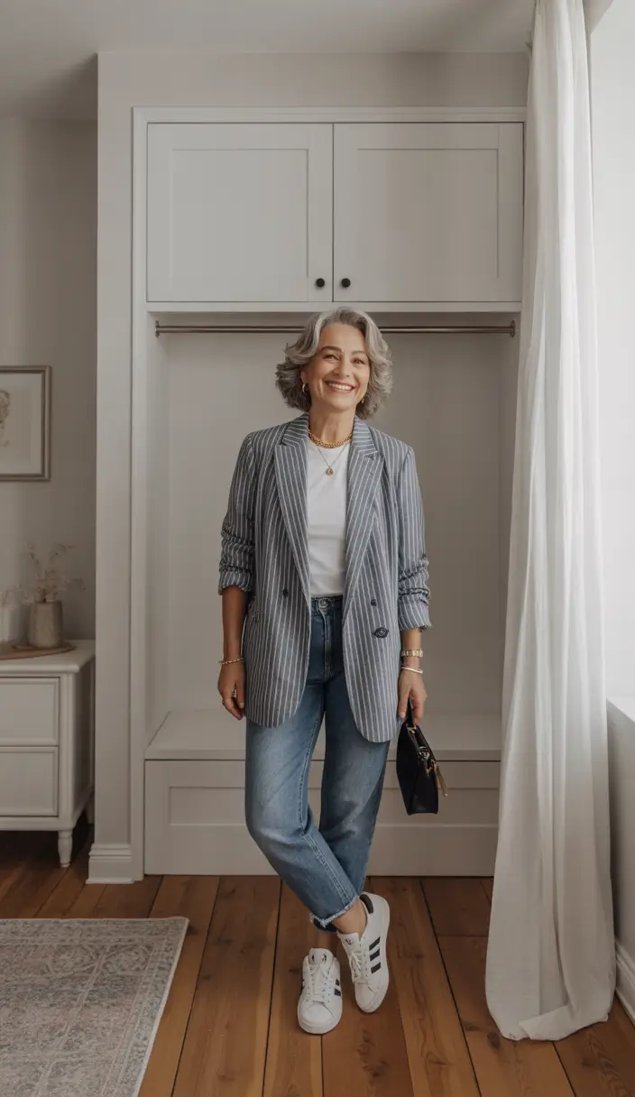essential spring outfits for women over 50 2026 Tailored Stripes with Relaxed Weekend Ease