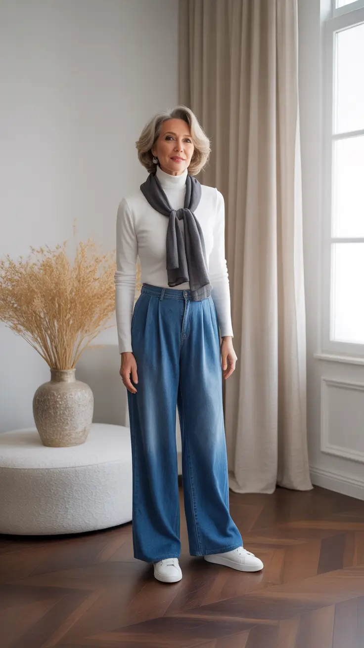 essential spring outfits for women over 50 2026 Soft Turtlenecks and Easy Denim for Early Spring Simplicity