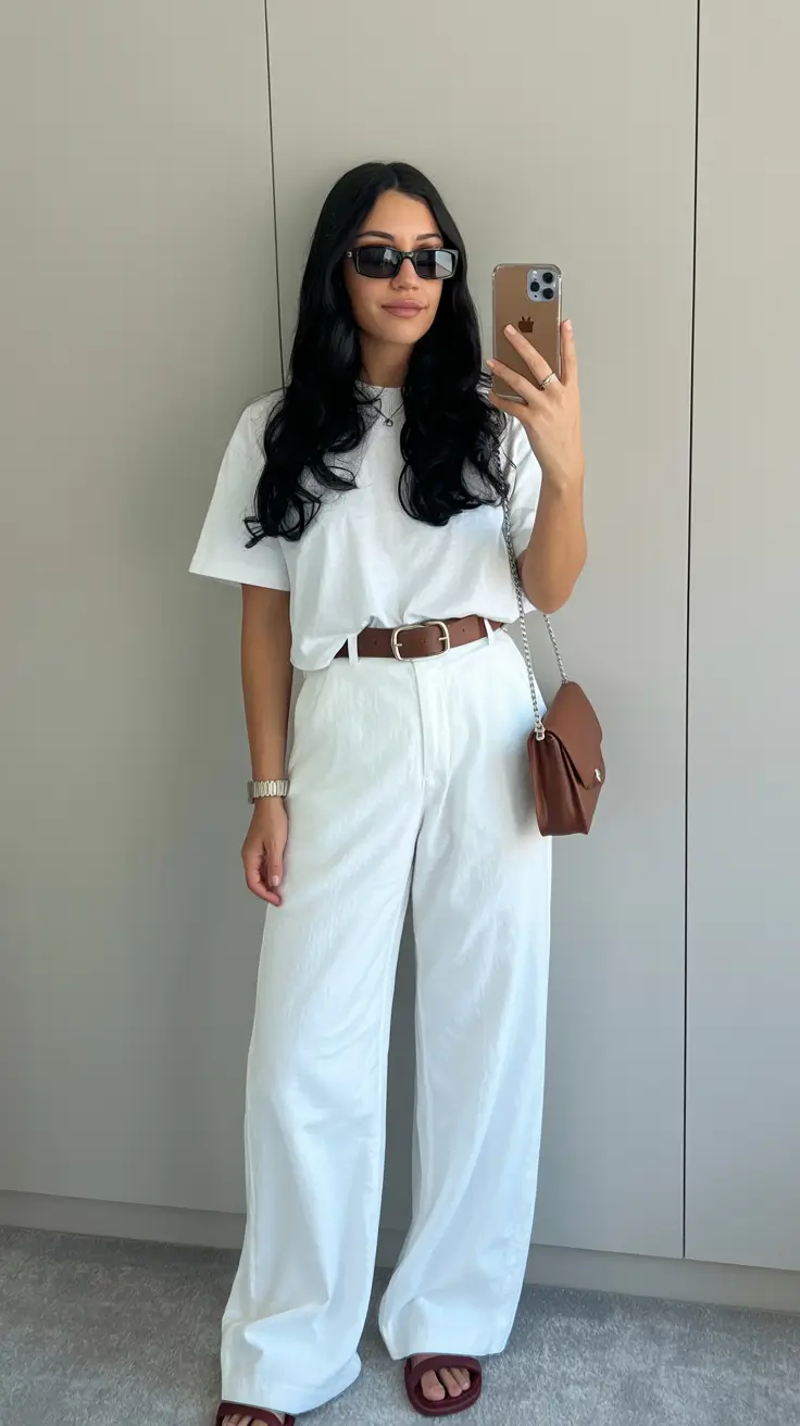 essential spring travel outfits 2026 White Monochrome with Rich Brown Accents
