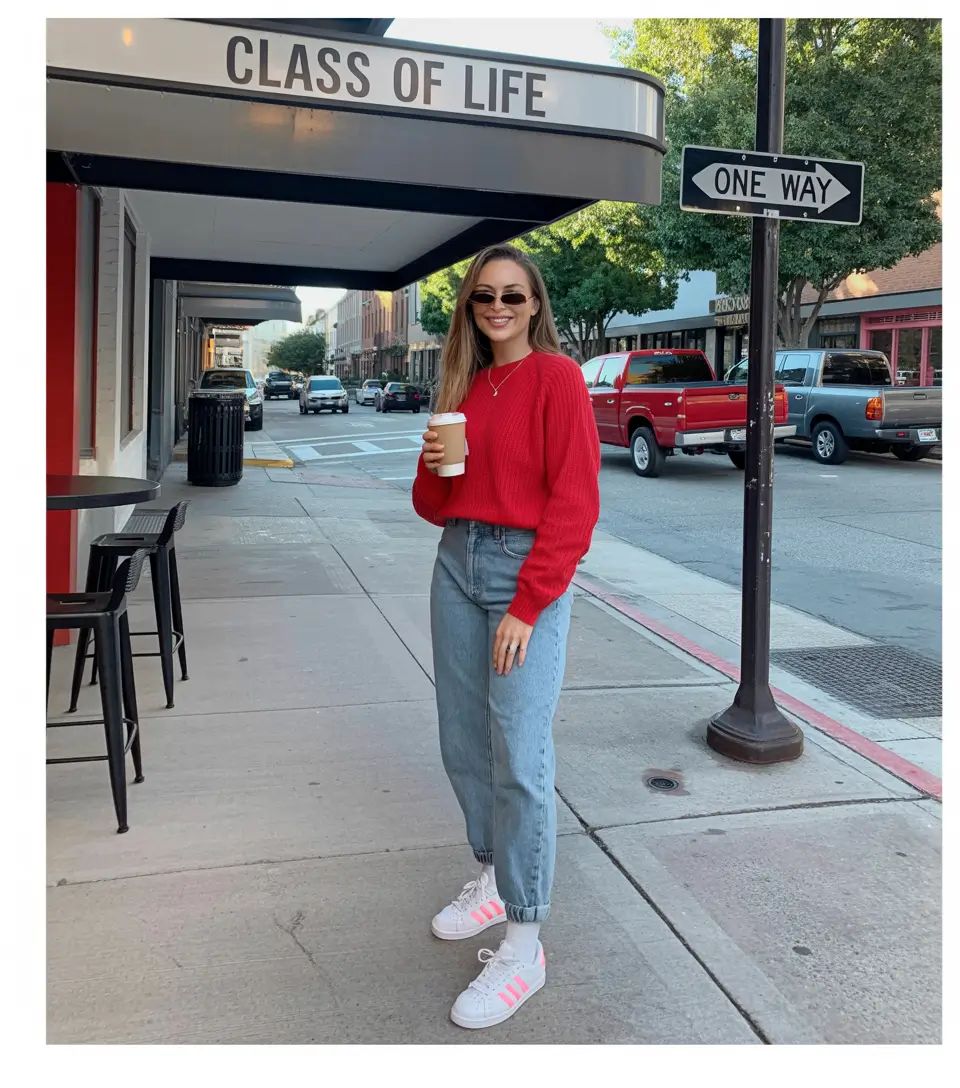 essential spring travel outfits 2026 Bright Sweater City Morning Look