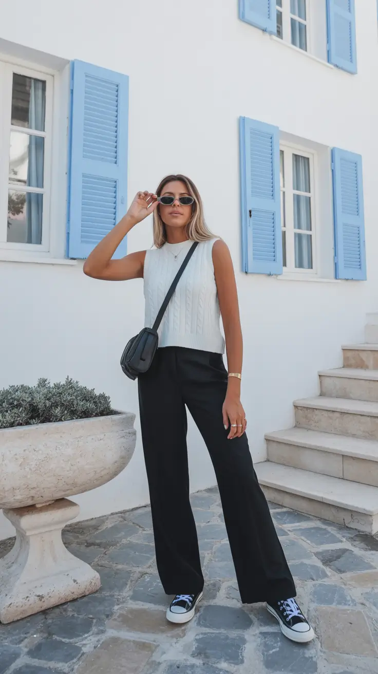 essential spring travel outfits 2026 Minimal Knit and Black Trousers for Clean Spring Lines