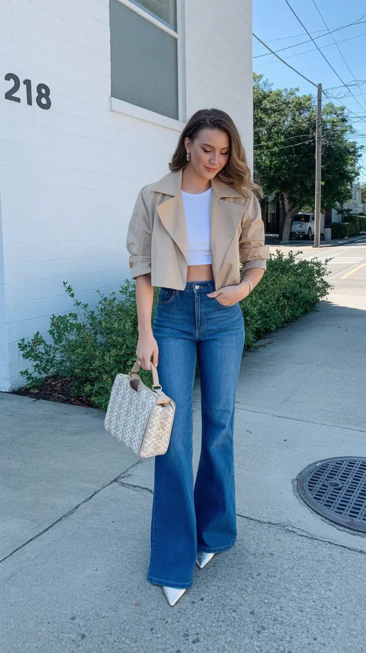 essential spring travel outfits 2026 Cropped Trench with Flared Denim for Modern Spring Confidence