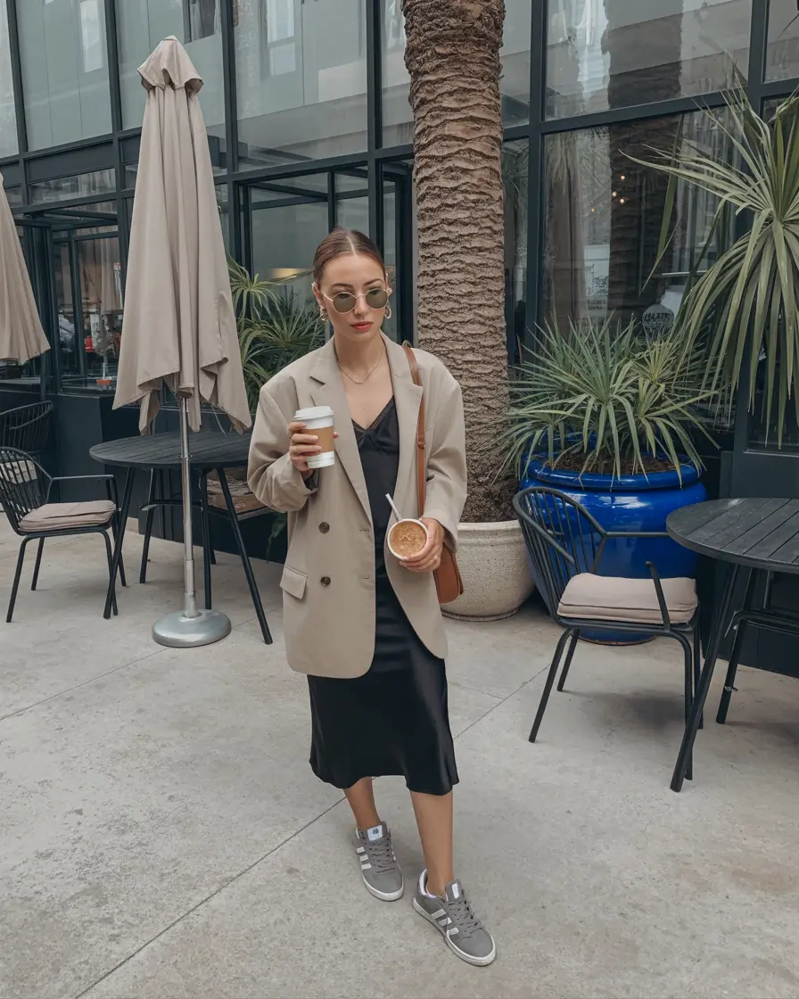 essential spring travel outfits 2026 Relaxed Blazer with Satin Skirt for Casual City Chic