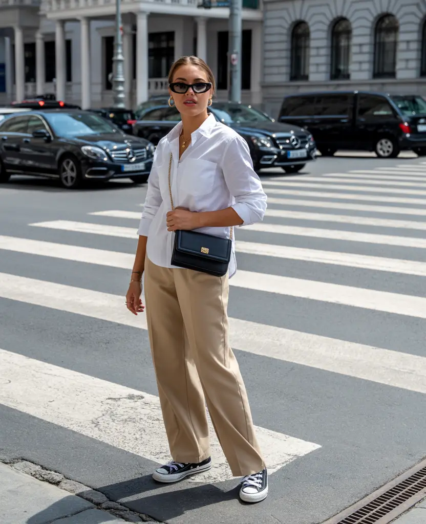 essential spring travel outfits 2026 Crisp Shirt and Tailored Neutral Pants Look
