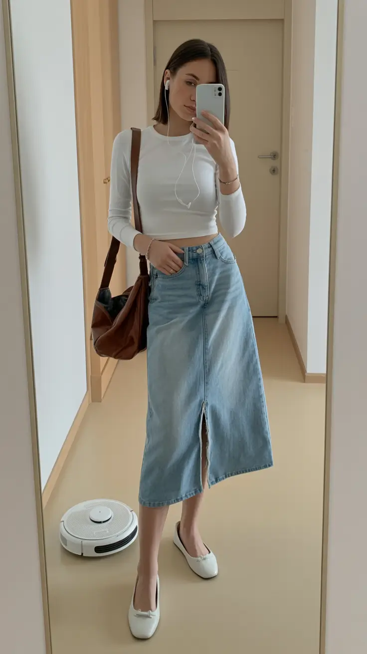 essential spring travel outfits 2026 Minimalist Denim Skirt Everyday Look