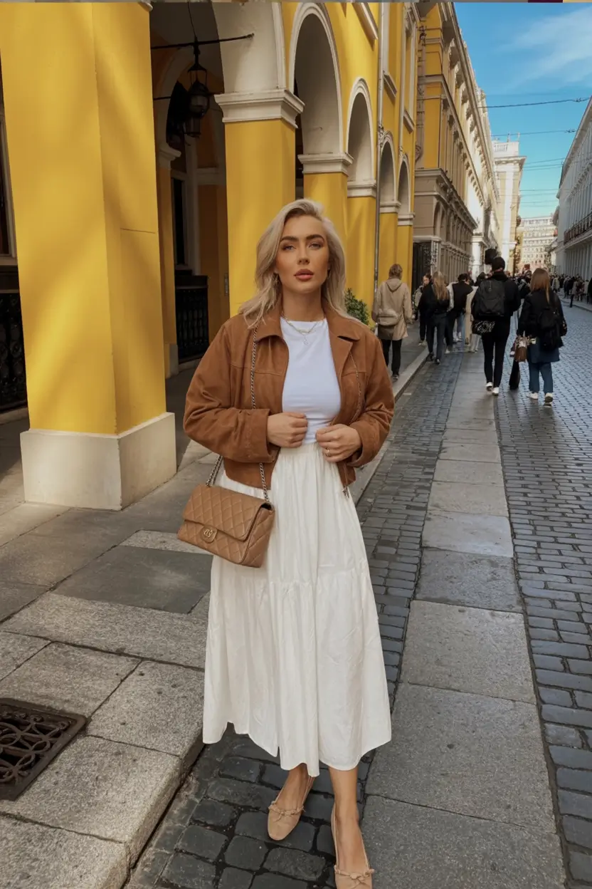 essential spring travel outfits 2026 Soft Leather Jacket and White Dress Look