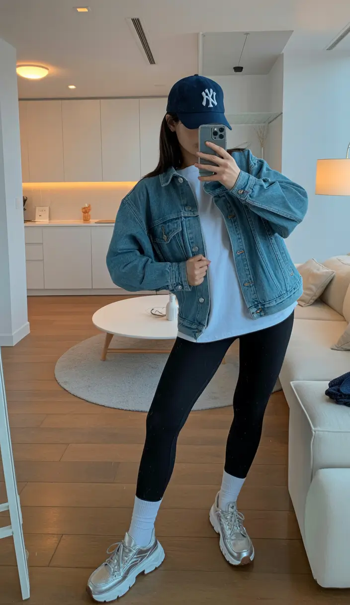 essential spring travel outfits 2026 Sporty Denim and Leggings for Airport Ease