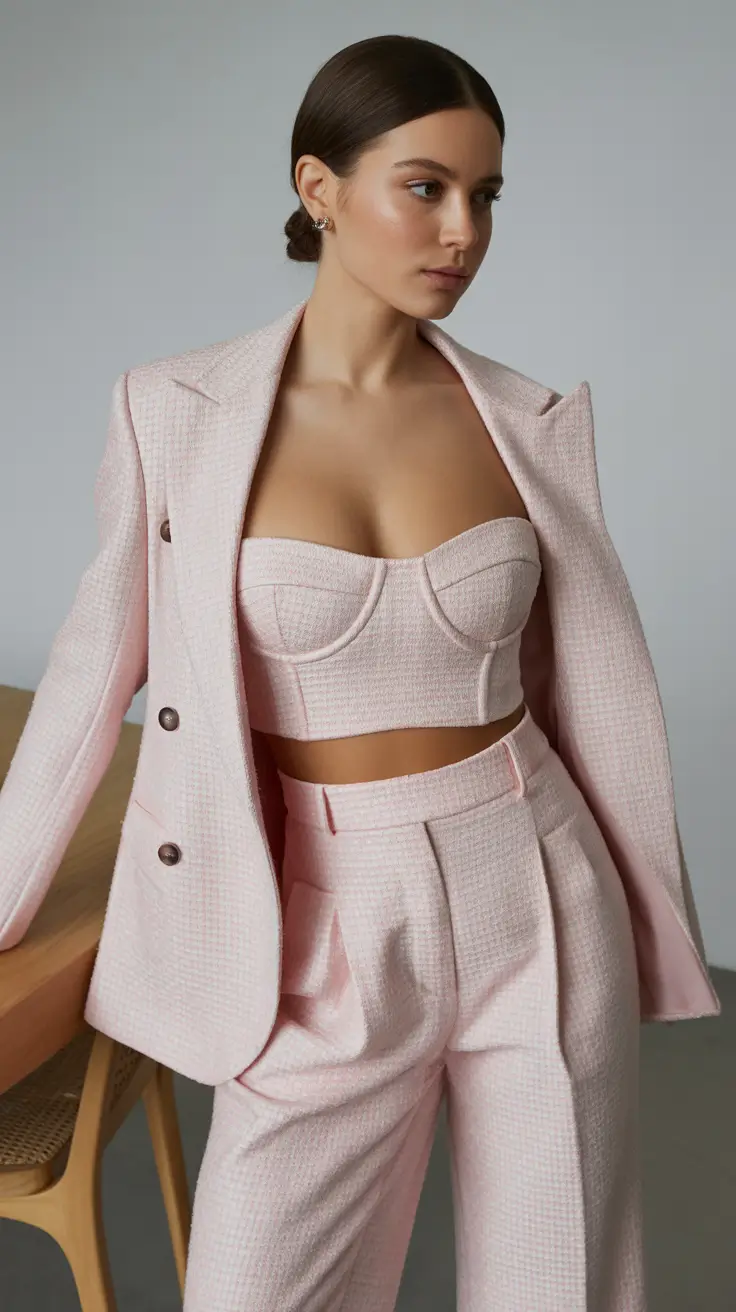 essential spring wedding outfit 2026 Soft Tailored Power in Blush Tweed