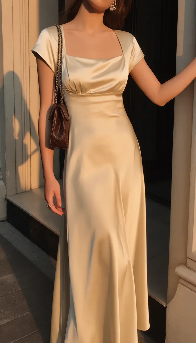essential spring wedding outfit 2026 Satin Glow Elegance for a Sunset Spring Ceremony