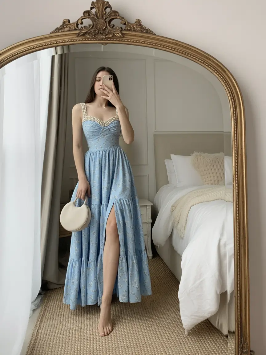 essential spring wedding outfit 2026 Blue Lace Romance with Pearled Sweetheart Details