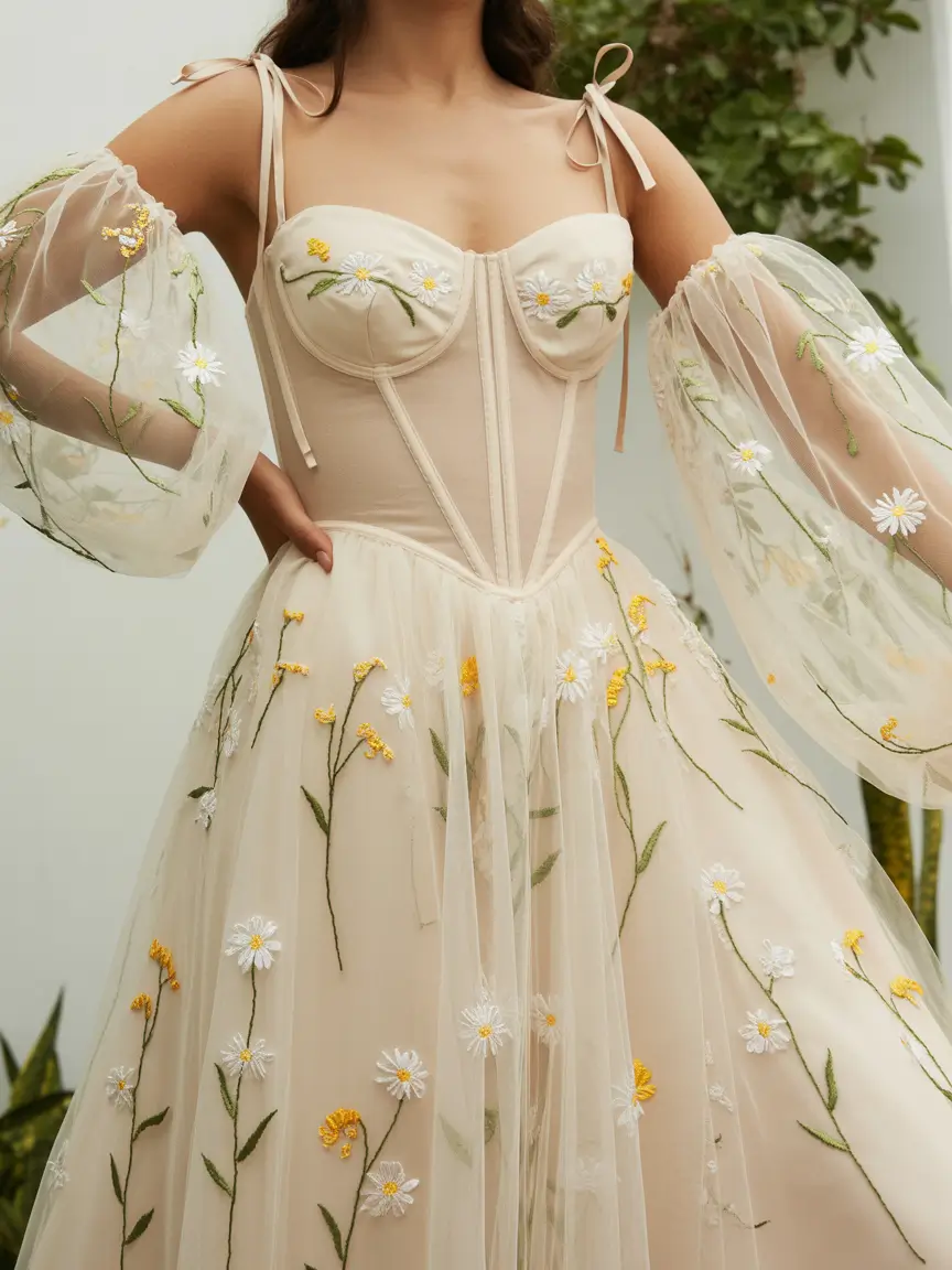 essential spring wedding outfit 2026 Embroidered Blooming Tulle for a Whimsical Spring Moment