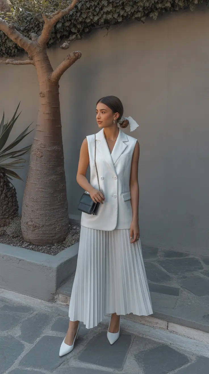 essential spring wedding outfit 2026 Modern Pleated Minimalism with Tailored Balance