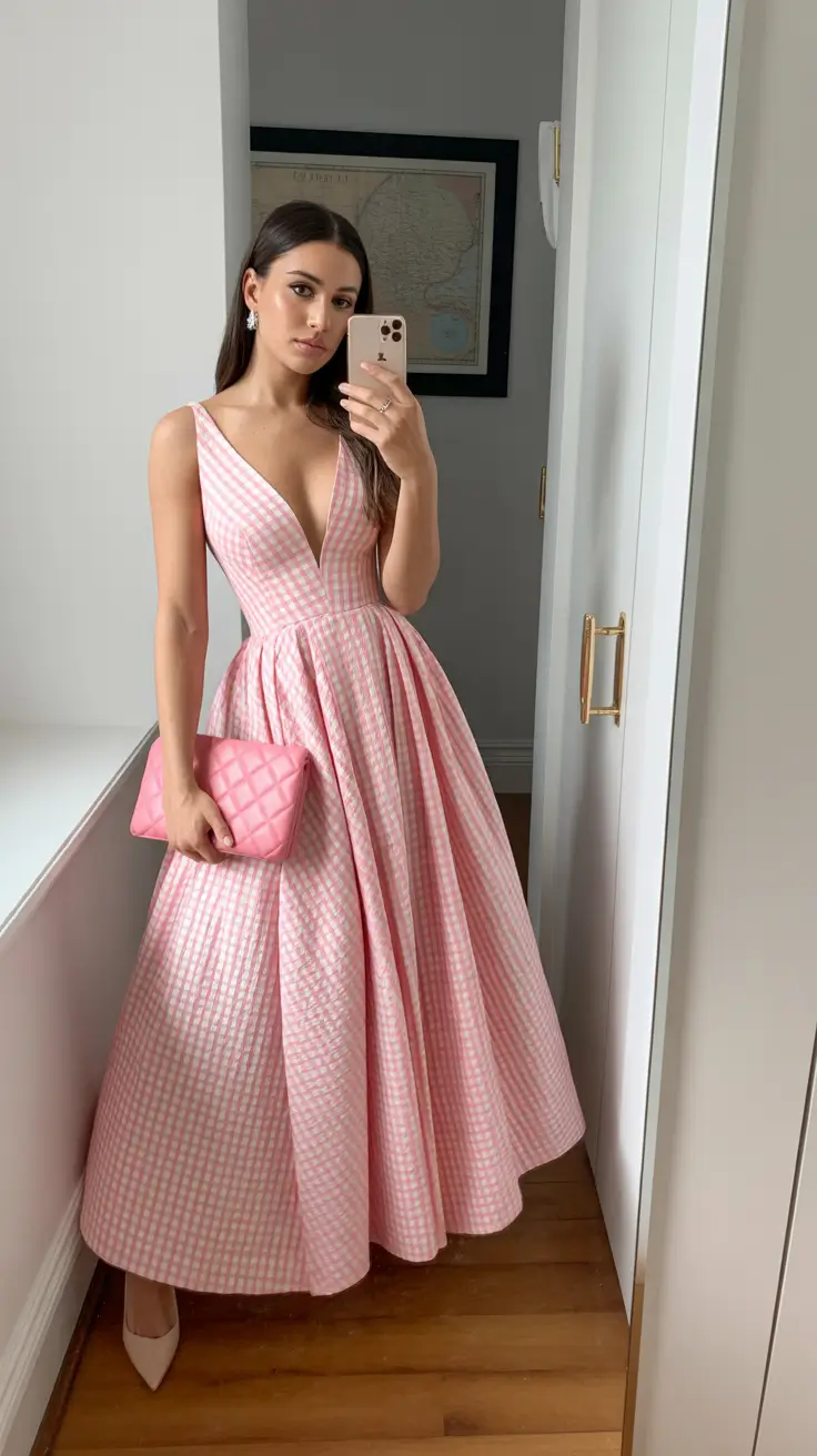 essential spring wedding outfit 2026 Gingham Sweetness with Sculpted Volume