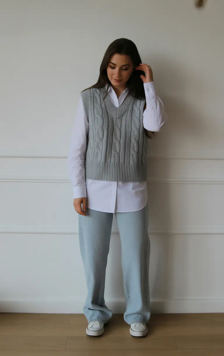 essential spring workwear 2026 Layered Knit and Shirt with Light Denim