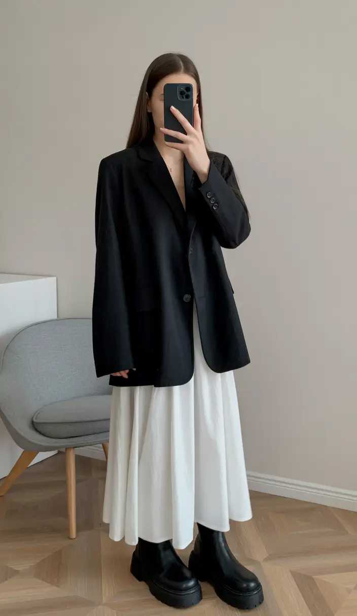 essential spring workwear 2026 Oversized Blazer with Flowing White Skirt