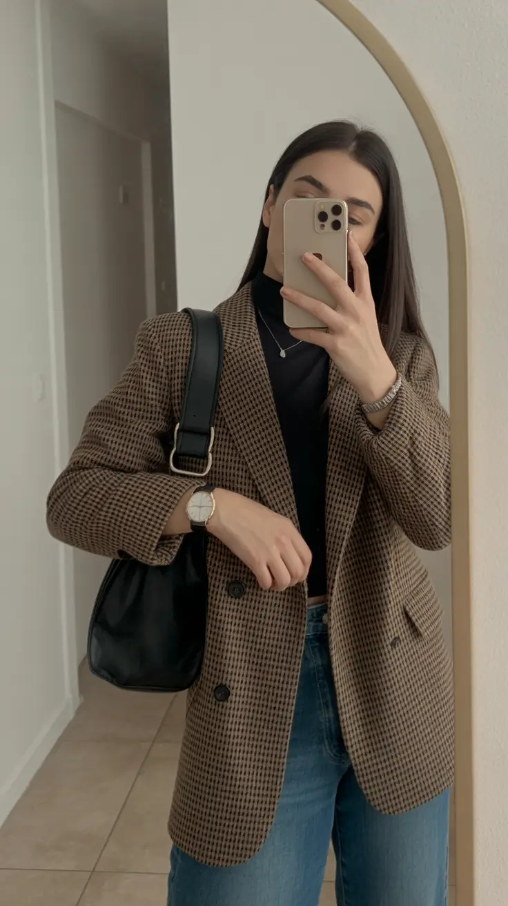 essential spring workwear 2026 Textured Blazer with Dark Layers and Light Denim